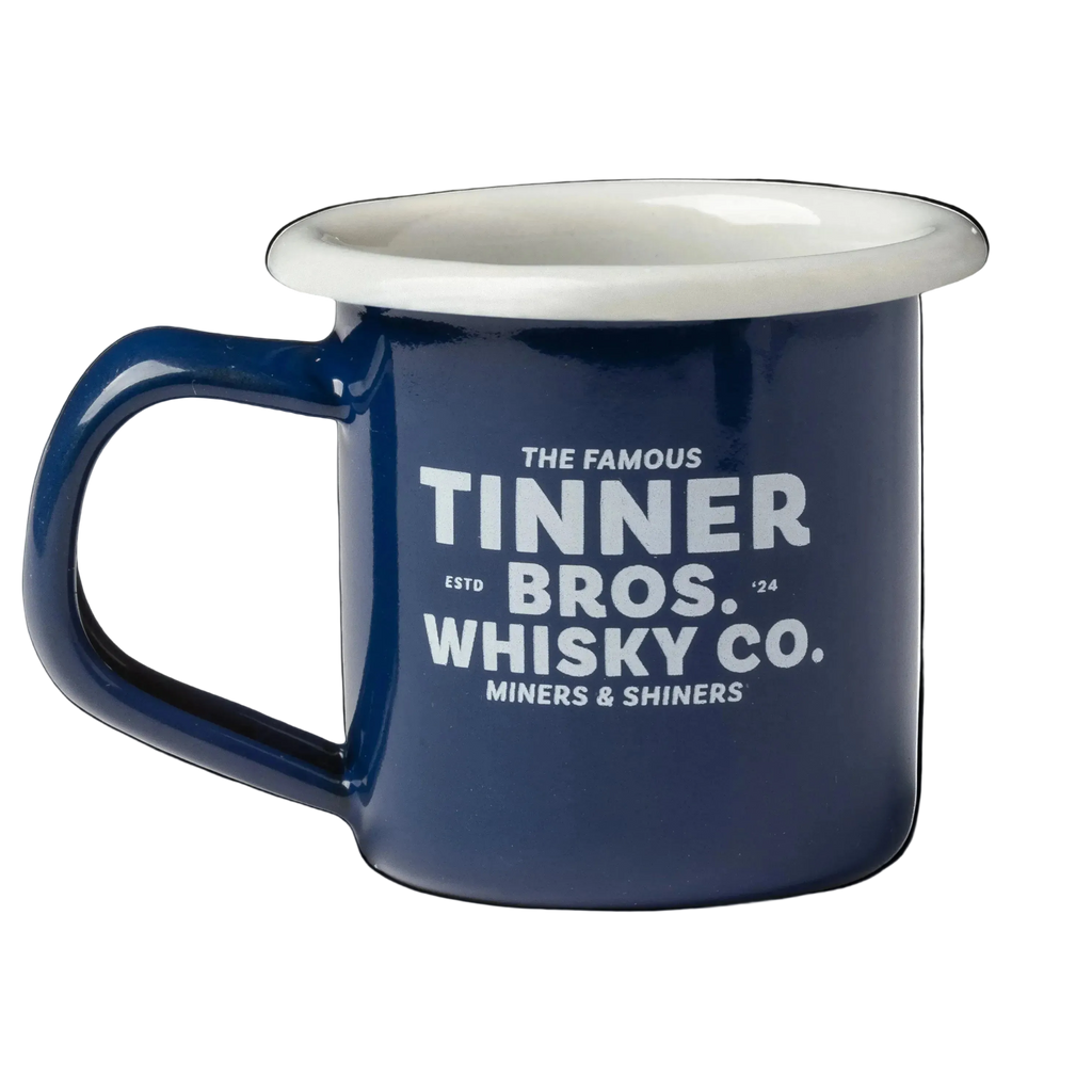 Blue mug with white text on a white background